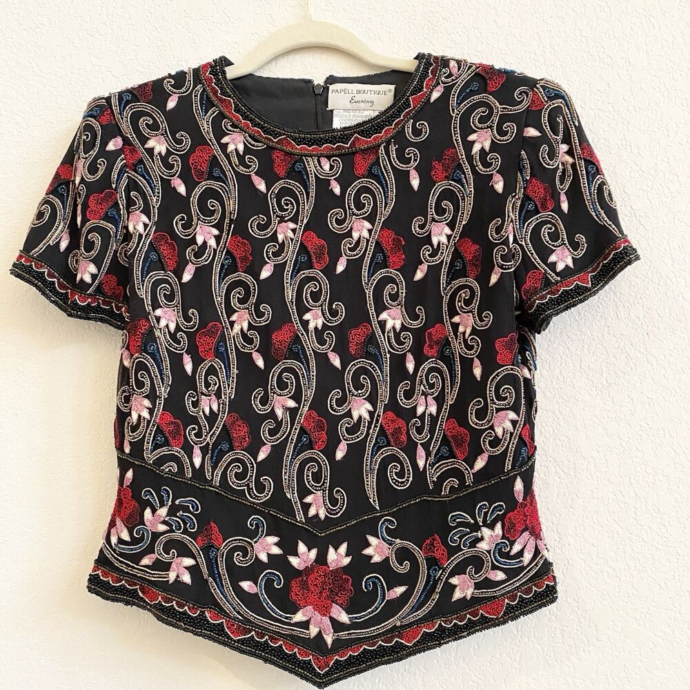 Vintage‎ Papell Boutique Evening Beaded Embroidery 100% Silk Top Small Black Red
